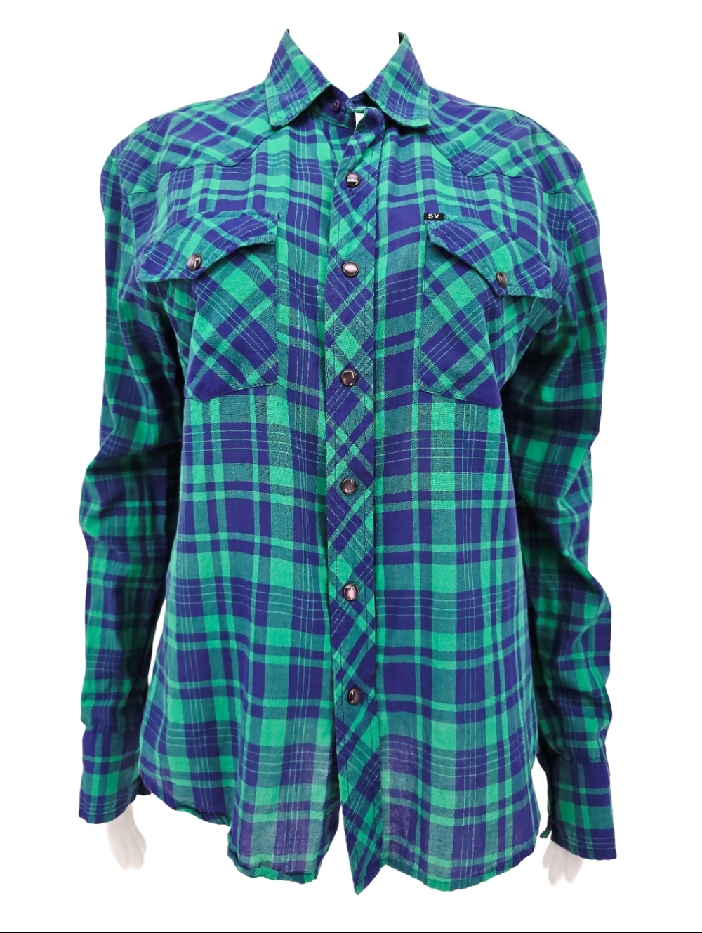 Salt Valley Western Men's Button Up Plaid Green Blue S